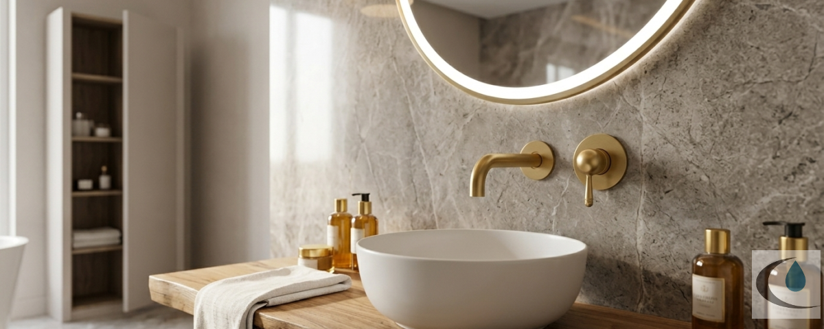 Grifería de lavabo empotrado en oro satinado: elegancia arquitectónica y tendencia en el baño actual