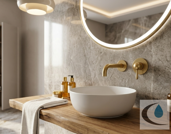 Grifería de lavabo empotrado en oro satinado: elegancia arquitectónica y tendencia en el baño actual